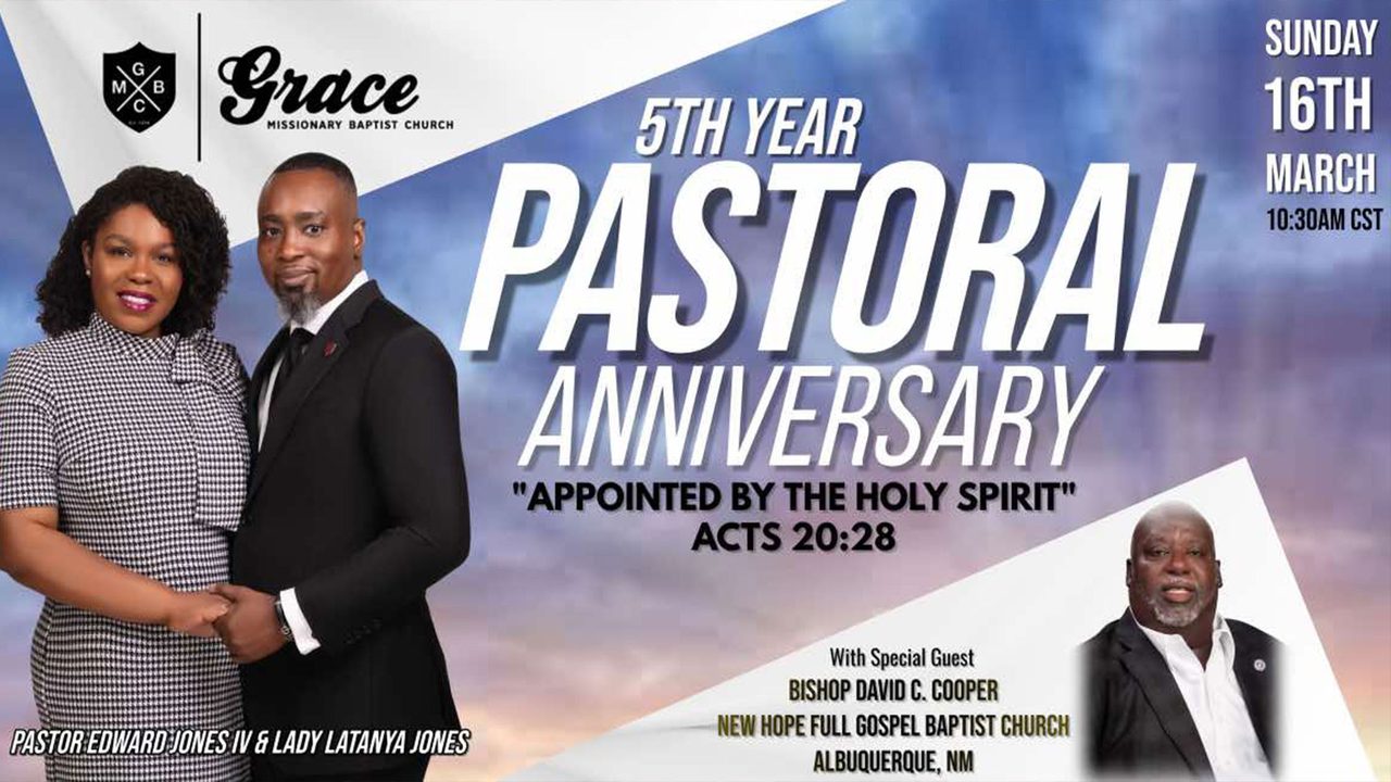 Flyer for the 5th Year Pastoral Anniversary of Pastor Edward Jones IV and Lady La Tanya Jones, with special guest Bishop David C. Cooper